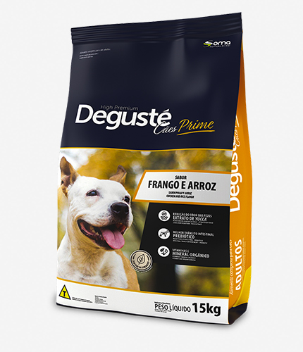 Degusté Prime adulto – frango e arroz é um alimento completo para cães adultos